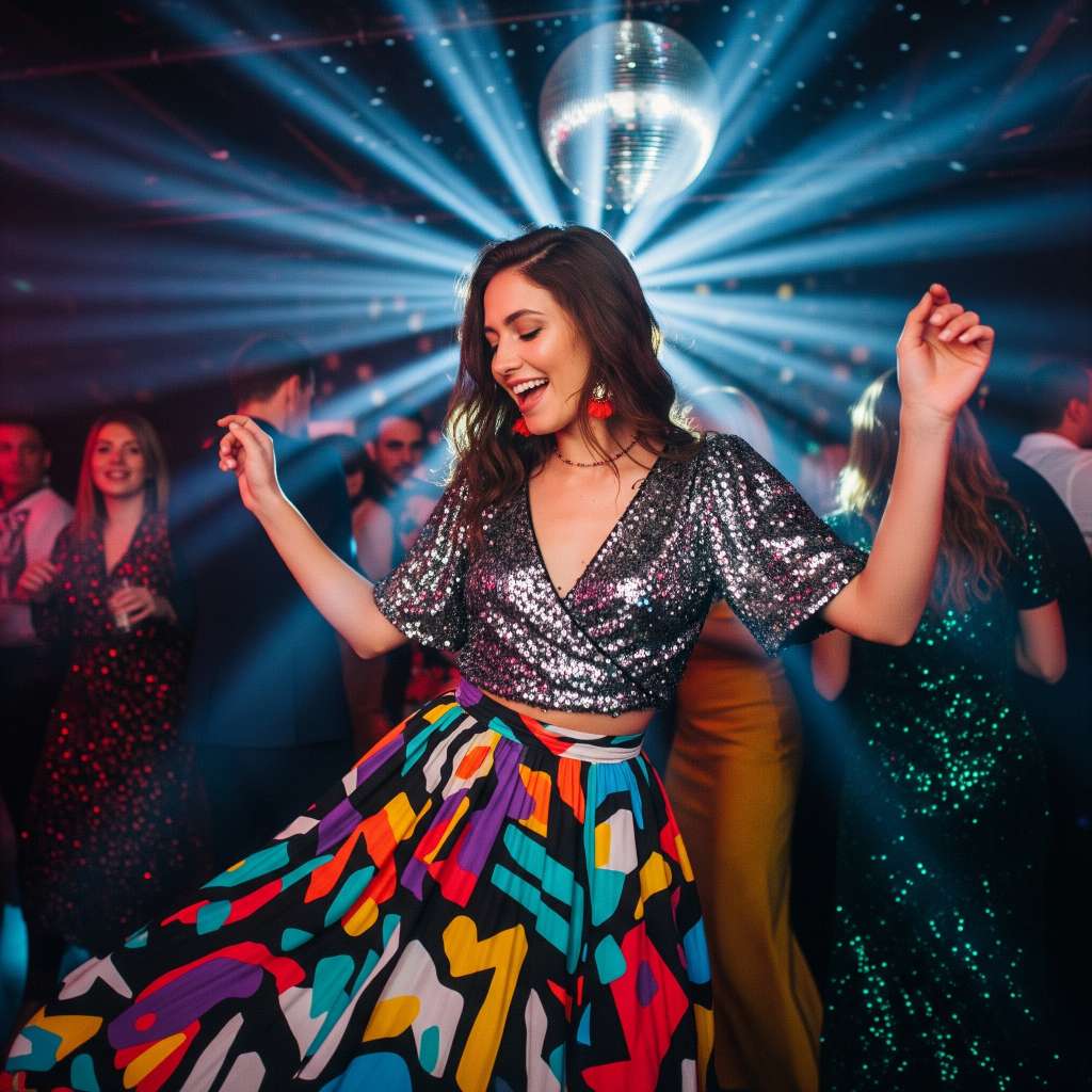 A woman with long, dark hair wearing a sparkly silver crop top and a vibrant, multi-colored patterned skirt dances in a dimly lit club under a disco ball, with light beams radiating outwards and other people visible in the background.